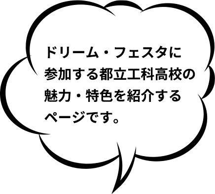 ドリームフェスタに参加する学校の他、都立工科の魅力・特色を紹介するページです。